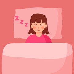 Girl sleeping in her bed under blanket in flat design pink color.