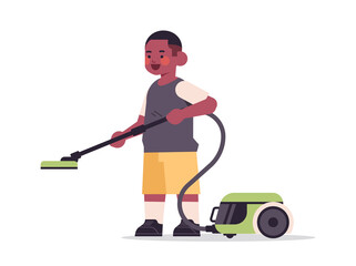 little african american boy using vacuum cleaner cleaning childhood concept full length horizontal