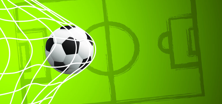 Ball in goal. Soccer border on green football eco grass field. Vector stadium, supporters background banner Template, play model. Sport finale or school, sports game cup. Street ball games. 2021
