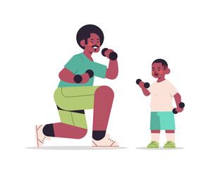 african american father and son doing physical exercises with dumbbells parenting fatherhood concept