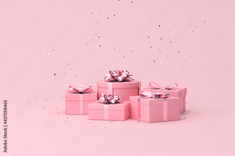 Poster minimal trendy scene of gift box and golden confetti particles on pink background, 3d rendering.