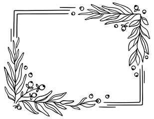 Hand drawn doodle black square frame with leaves and berries.  Floral natural decorative design with space for text, invitation, announcement, congratulations. Isolated on a white background. Vector.