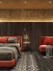Interior design of dark bedroom with orange bed.