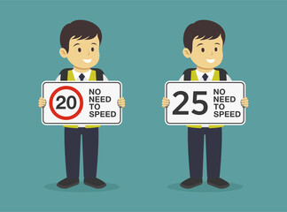 Happy male student wearing suit, safety jacket and holding speed limit road sign. School boy character set. Back to school. Flat vector illustration template.