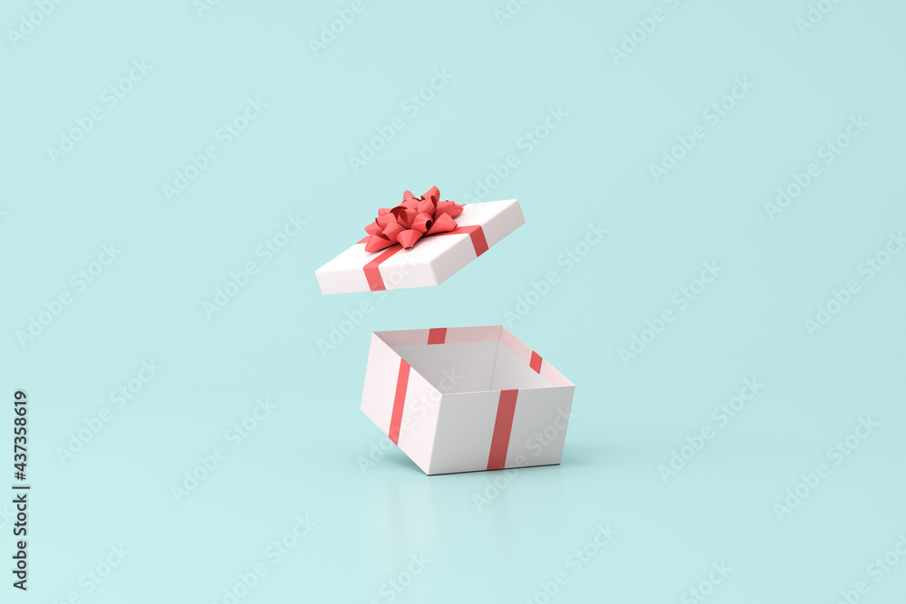 Poster 3D rendering of open gift box on green background.