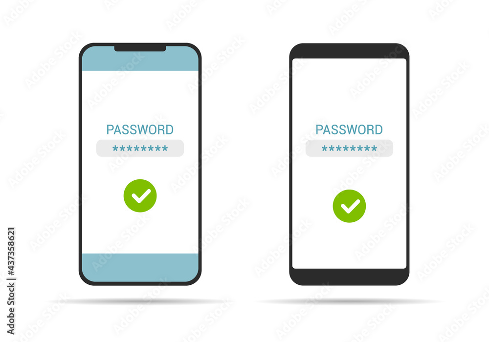 Poster simple flat design illustration of mobile phone with touch screen and successful security password e