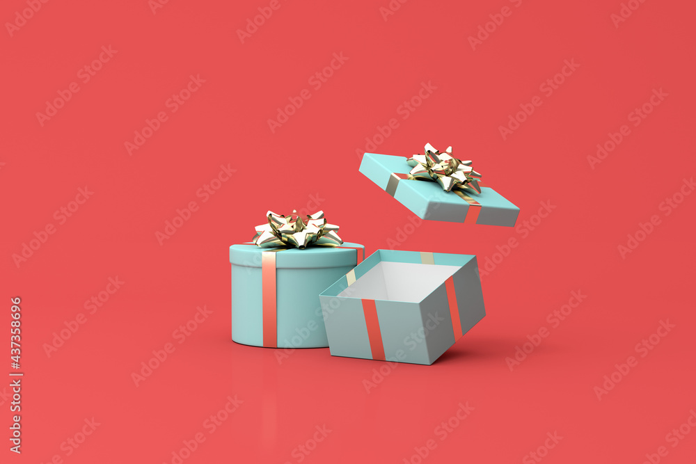 Poster 3d rendering of green gift box on red background.