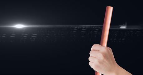 Composition of caucasian male runner holding baton on black background