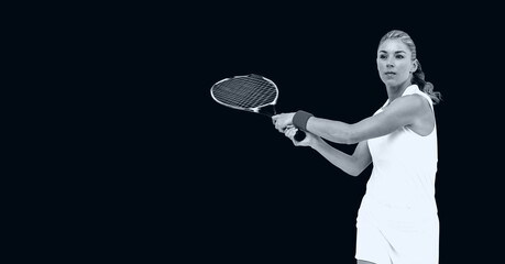 Compostion of female tennis player on black background