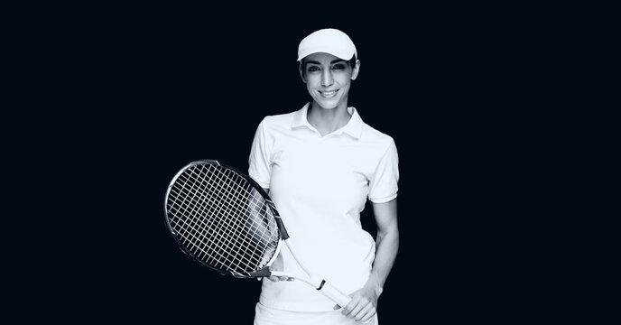 Compostion of female tennis player on black background