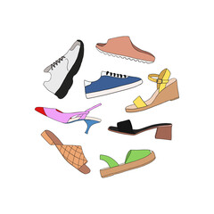 Card with different types of modern trendy women shoes on white background. Fashionable and stylish shoes concept. Colored flat vector illustration for web design