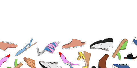 Obraz premium Web banner with different types of modern trendy women shoes and empty space on white background. Fashionable and stylish shoes concept. Colored flat vector illustration
