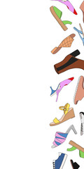 Vertical web banner with different types of modern trendy women shoes and empty space on white background. Fashionable and stylish shoes concept. Colored flat vector illustration