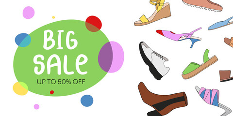 Web banner with different types of modern trendy women shoes and Text on white background. Fashionable and stylish shoes concept. Colored flat vector illustration