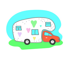 House on wheels. Cute motorhome with hearts. Vector illustration.