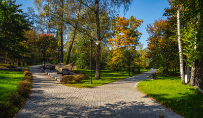 Beautiful autumn view of Sokolniki Park in Moscow. Bifurcation of the road.