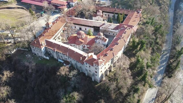 Aerial view of Medieval Bachkovo Monastery Dormition of the Mother of God, Bulgaria