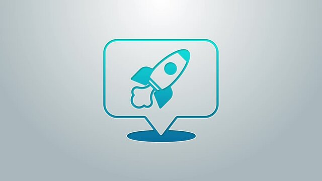 Blue line Rocket ship icon isolated on grey background. Space travel. 4K Video motion graphic animation
