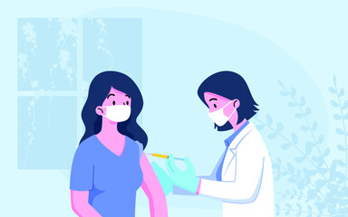 Obraz premium The doctor give injection to a patient. Coronavirus vaccination, medical doctor wear surgery mask process of immunization against covid-19. Vector medical protection concept.