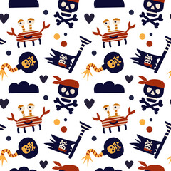Vector illustration. Seamless pattern on a pirate theme. Crab, bomb, skull with bones, pirate flag. For Nursery, Printing On Fabric, Paper. On white background