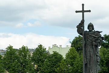 Monument to Holy Prince Vladimir the Great with a cross near Moscow Kremlin, Russia