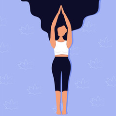 Vector.Cartoon girl in tree pose, hands up, folded palms, yoga, fluttering hair. Background design for print, social media, banners, invitations, covers, flyers, brochures, start page, blogs, messages