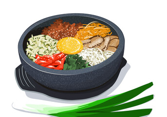 Bibimbap or bi bim bop Korean food in stone pot , rice mixing with various ingredients in stone bowl vector illustration. Isolated bibimbapon white background  . 