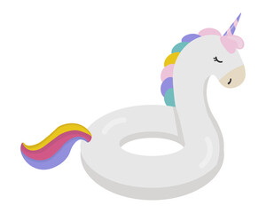 Fototapeta premium Inflatable ring object with cute Unicorn shaped. Tropical summer inflatable ring for vacations and water activities in swimming pool.
