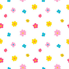 Fototapeta na wymiar Vector seamless pattern with cute bright cartoon doodle-style flowers on a white background. Children's illustration for postcards, pajamas, fabrics