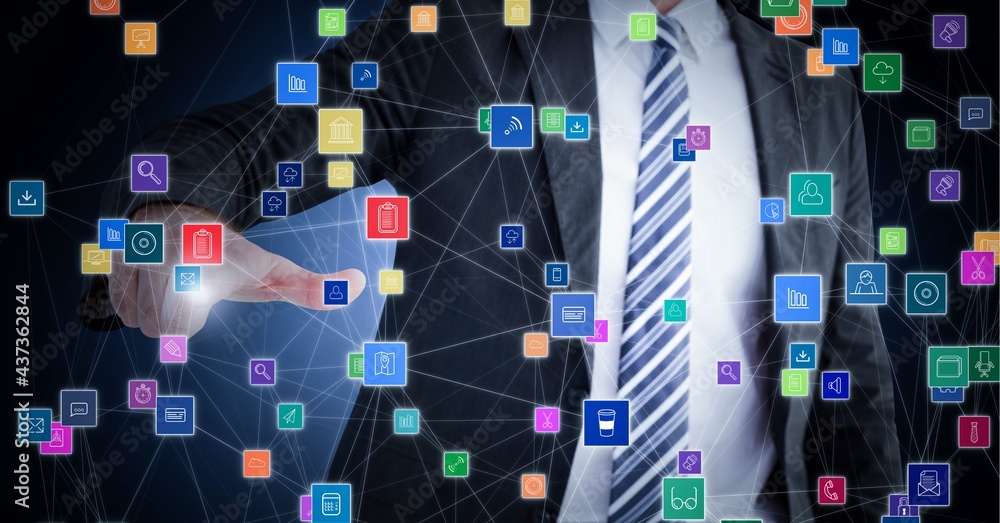 Poster composition of network of connections with icons over businessman touching interactive screen