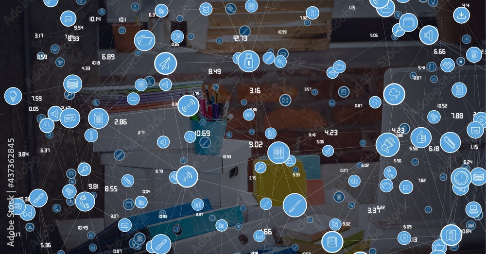 Poster composition of network of connections with icons over computer in office