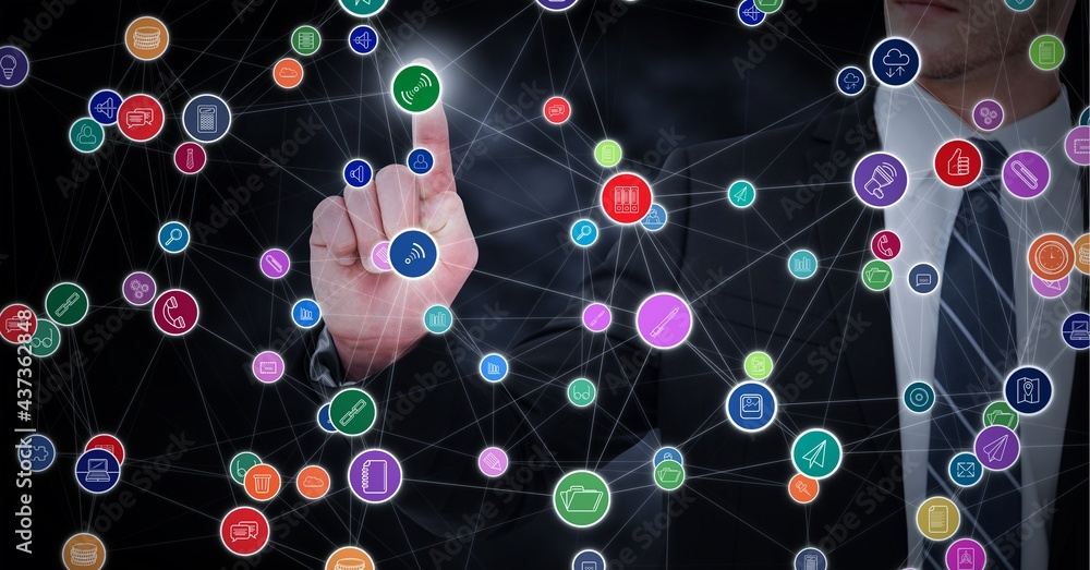 Poster composition of network of connections with icons over businessman touching interactive screen
