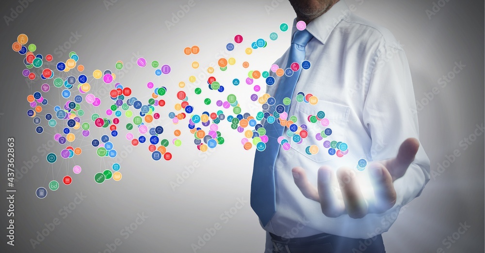 Poster composition of network of connections with icons over businessman touching interactive screen