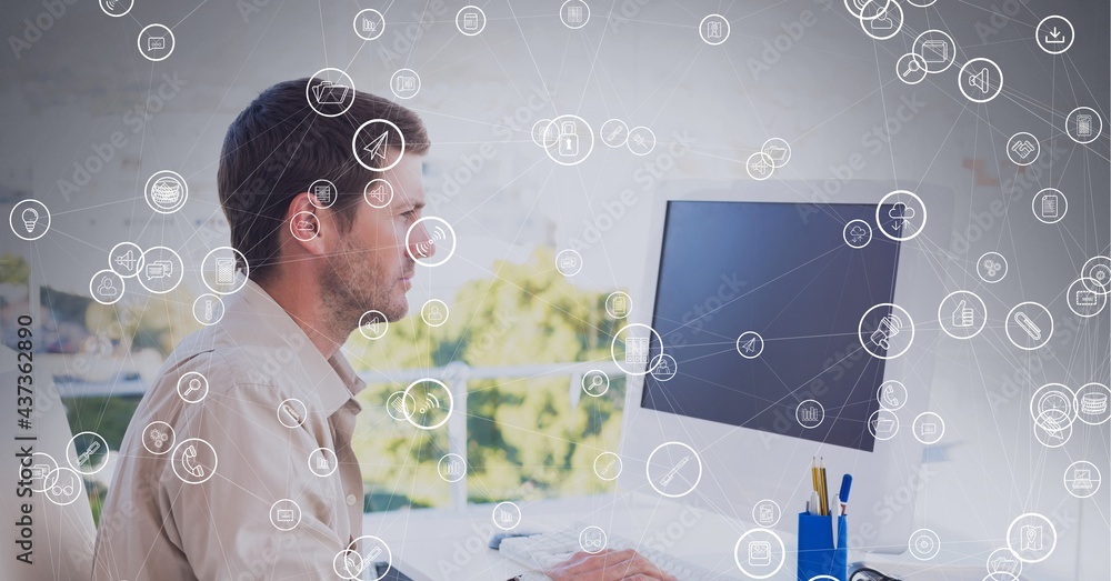 Poster composition of network of connections with icons over businessman using computer in office