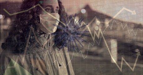 Composition of covid 19 cell and medical data processing over caucasian woman wearing face mask