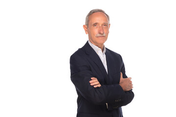 mature man with grey mustache looking at camera. retired latino hispanic people smile with confident.senior latin man looking at camera isolated on white.