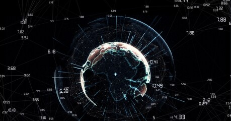 Compostion of globe of network of connections on black background