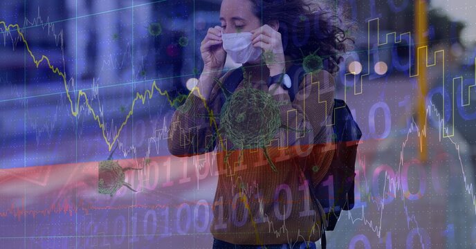 Composition of covid 19 cells and medical data processing over caucasian woman wearing face mask