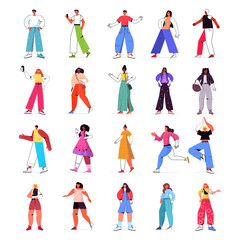 set mix race people in casual trendy clothes female male cartoon characters collection full length