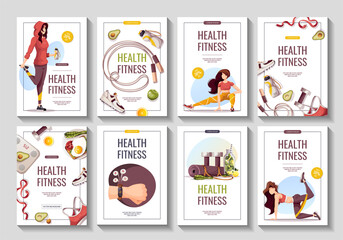Set of flyers for healthy lifestyle, natural food, motivation, sport equipment, fitness training, sports shop, gym, workout. A4 vector illustration for poster, banner, special offer, advertising.