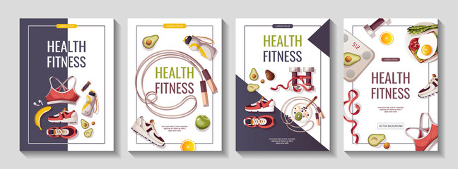 Set of flyers for Healthy lifestyle, natural food, motivation, sport equipment, fitness training, sportswear, workout. A4 vector illustration for poster, banner, flyer, special offer, advertising.