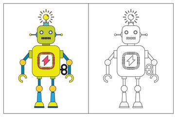 Funny robot cartoon, coloring book or page. Vector illustration.