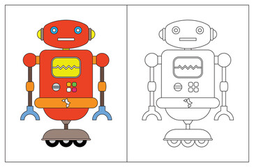 Funny robot cartoon, coloring book or page. Vector illustration.
