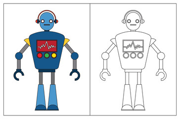 Funny robot cartoon, coloring book or page. Vector illustration.
