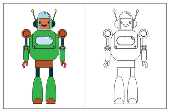 Funny robot cartoon, coloring book or page. Vector illustration.