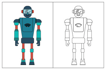 Funny robot cartoon, coloring book or page. Vector illustration.
