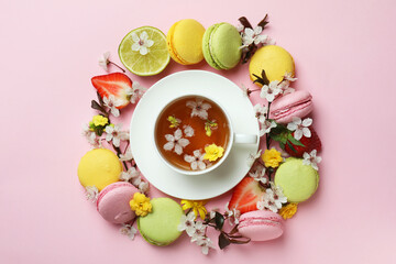 Concept of sweet breakfast on pink background