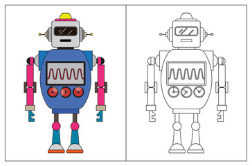 Funny robot cartoon, coloring book or page. Vector illustration.