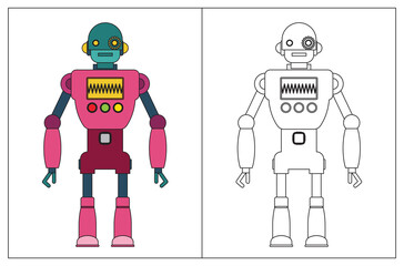 Funny robot cartoon, coloring book or page. Vector illustration.