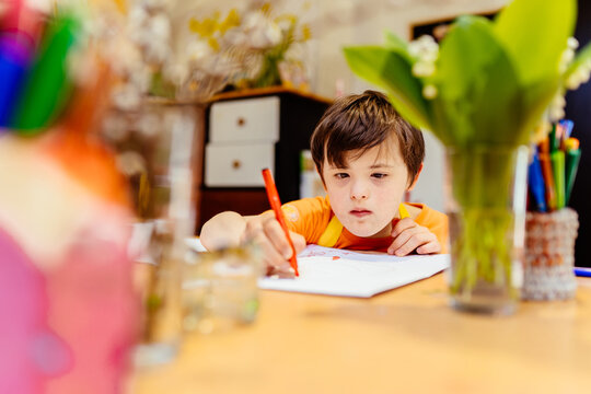 Calming activities for children with down syndrome. Boy drawing in art class therapy.